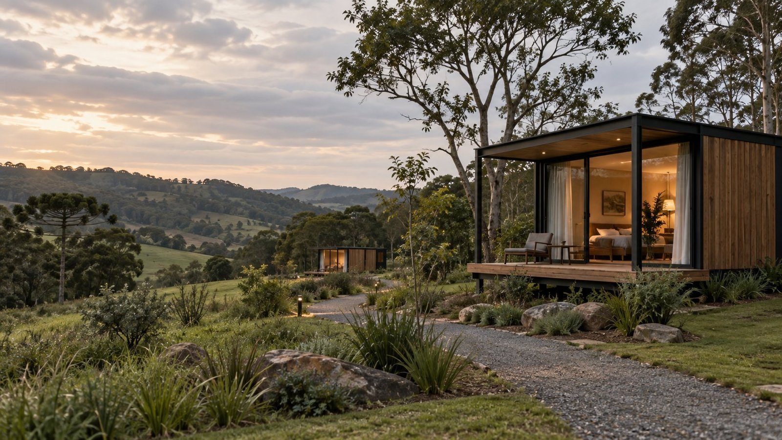 Cena conceitual de duas unidades modulares em um terreno rural ao entardecer