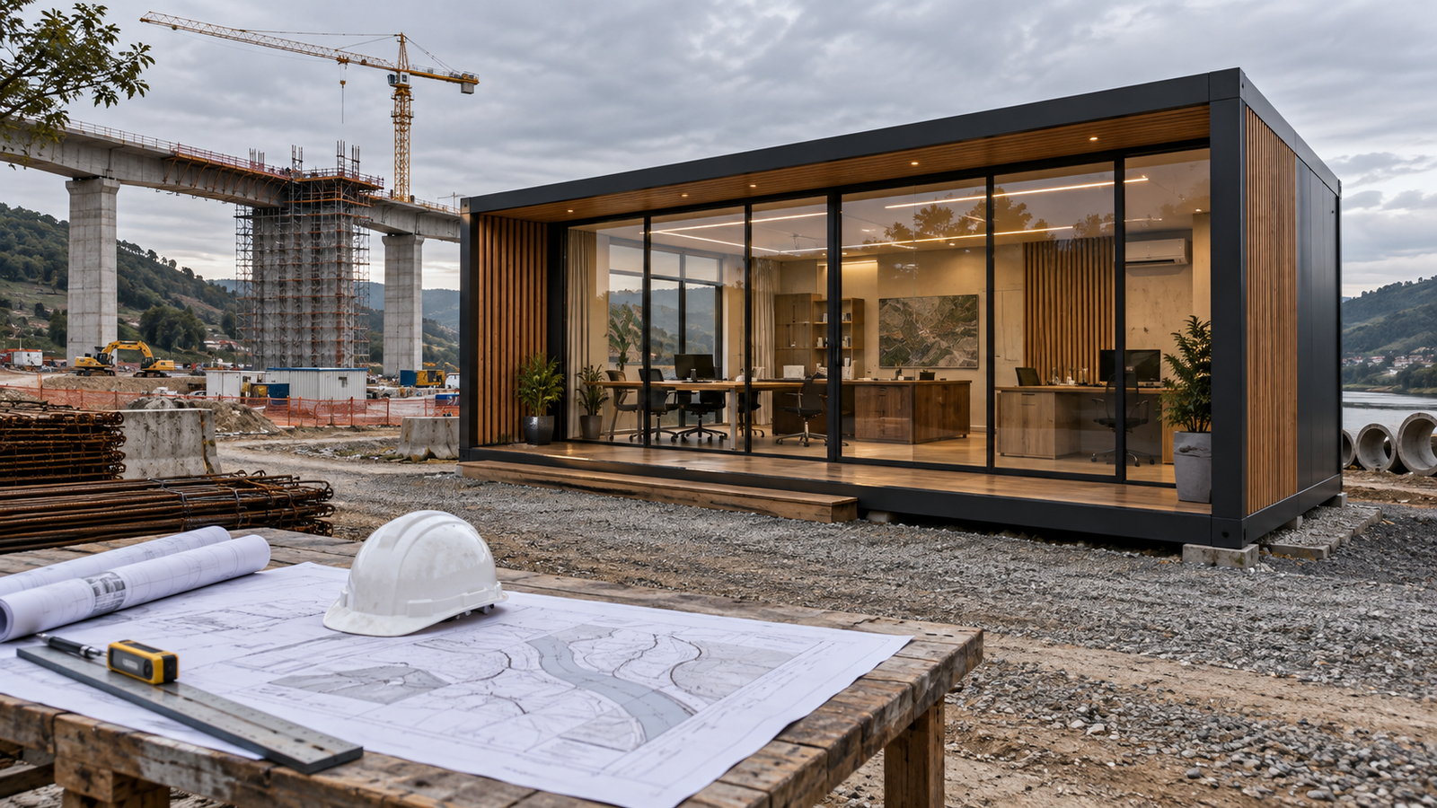Visualização conceitual de escritório modular envidraçado ao lado de canteiro de obras