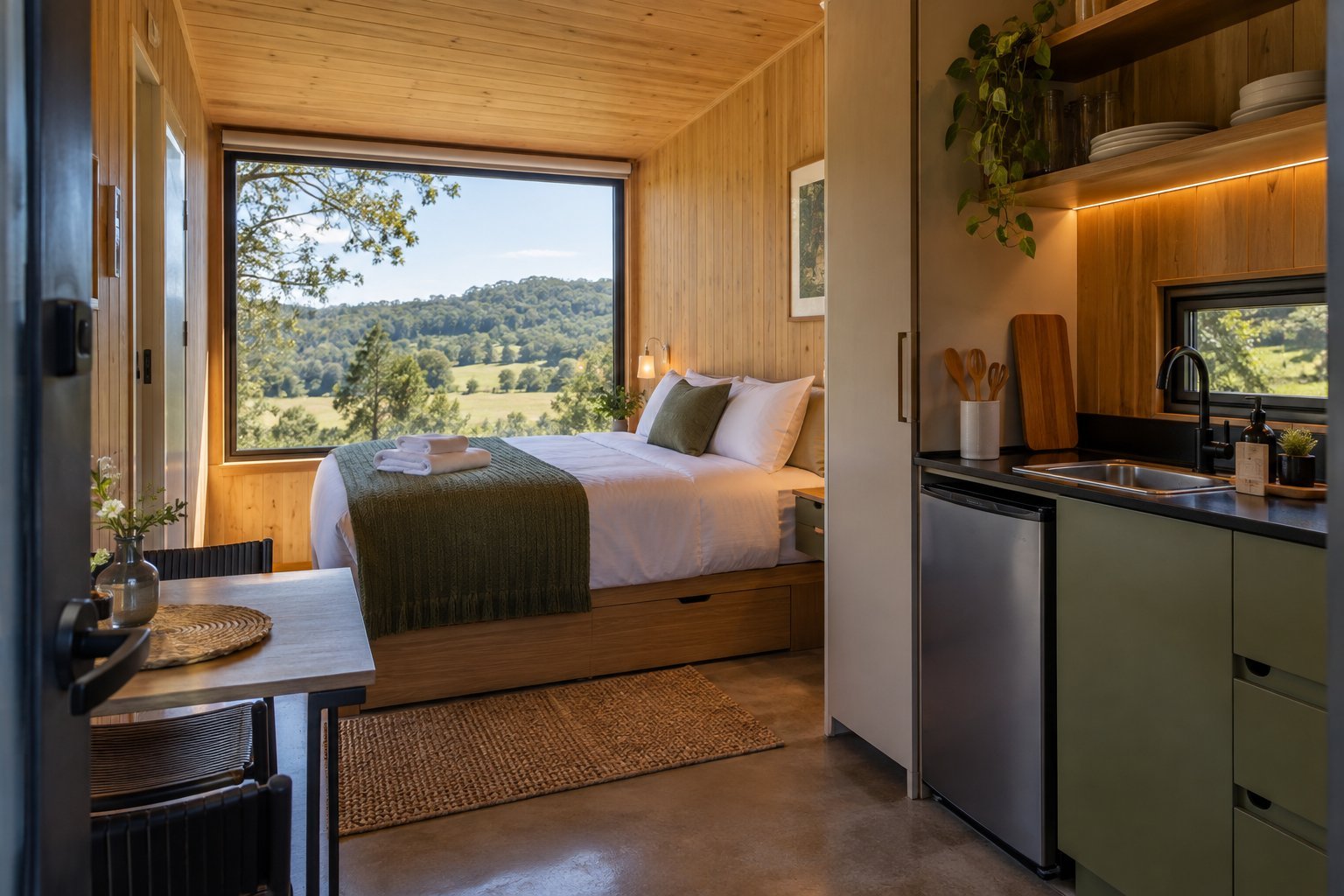 Cena conceitual do interior compacto de uma unidade de hospedagem com cama, copa e vista para o campo