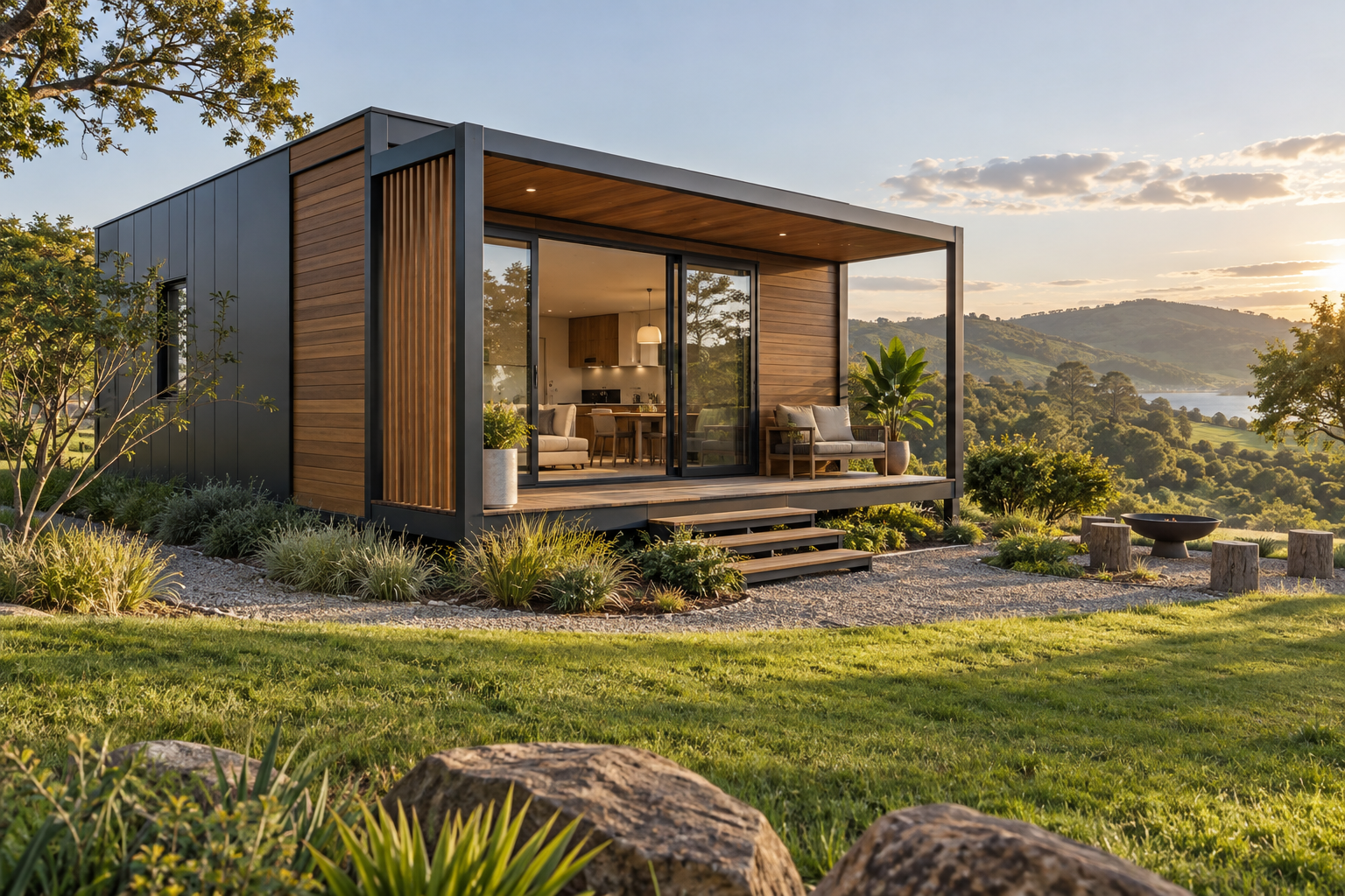 Ilustração de casa modular com estrutura aparente